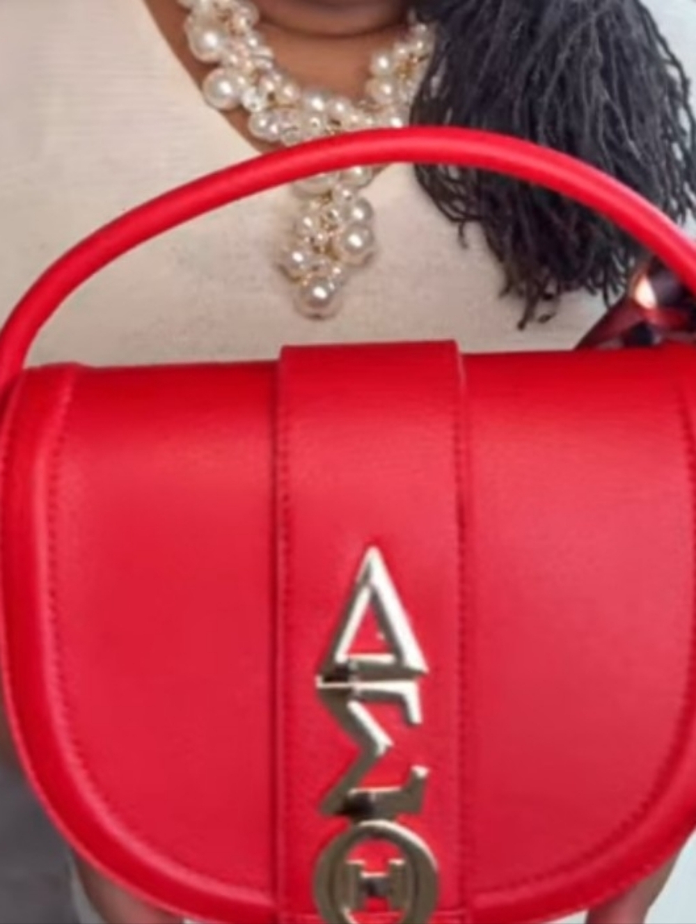 Delta Sigma Theta ΔΣΘ Red Faux Leather Crossbody Bag with Large/Bold Gold Accent